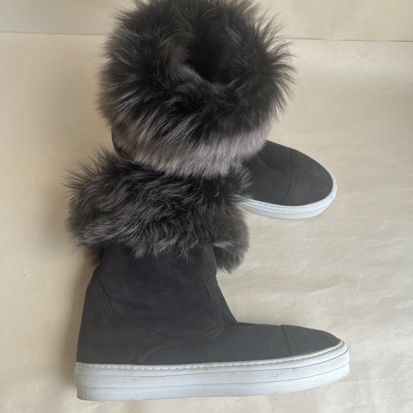 Salvatore Ferragamo Lucio Shearling Real Fur Gray Suede Winter Boots Shoes - Picture 14 of 15
